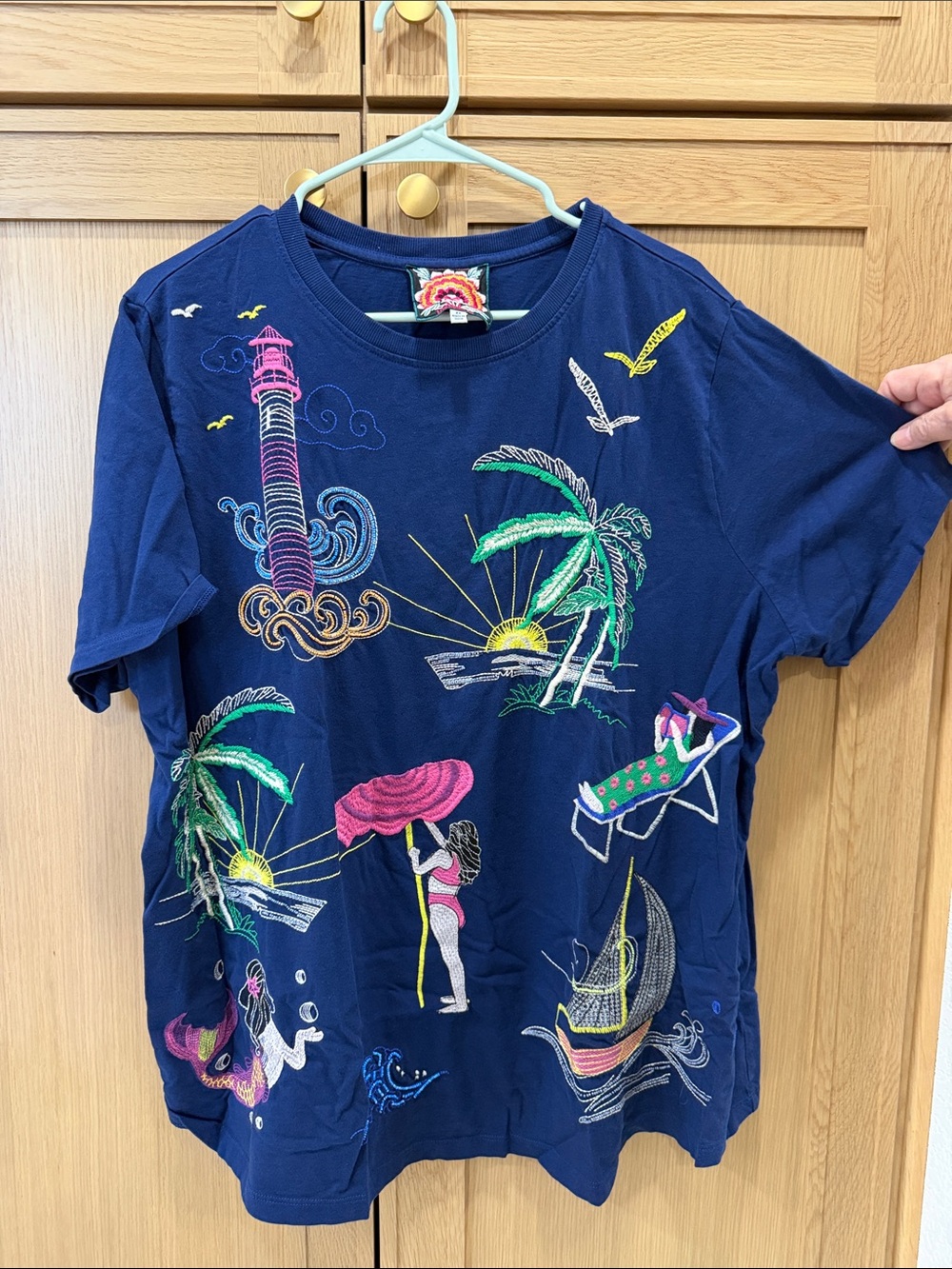 Johnny Was Navy Tropical Embroidered Short Sleeve Tee
